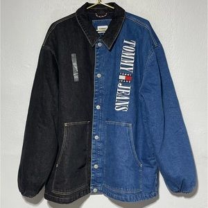 Tommy Jeans Men's Black Blue Logo Graphic Denim Trucker Jacket Size XXL New